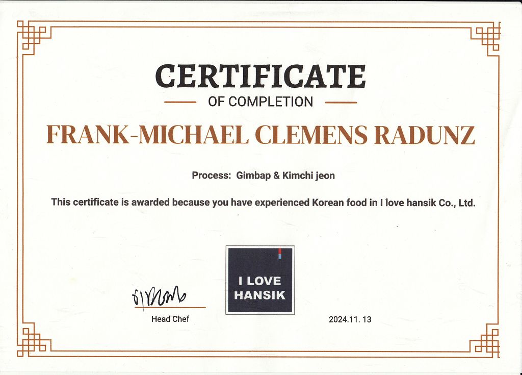 k-Kochkurs Sdkorea -Zertifikat